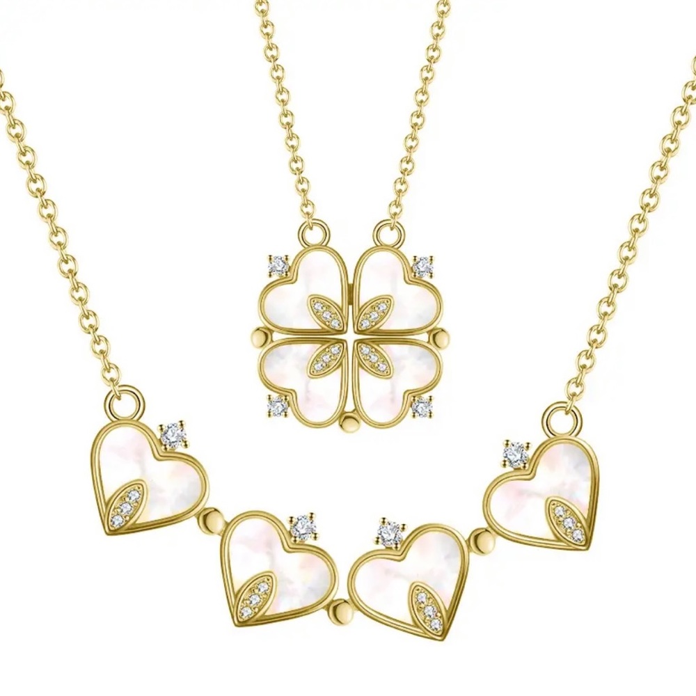 Unique Design Gold Clovers Pendant Heart Necklace 2 Ways of Wear